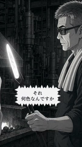 『うちの色』26秒。熱した鉄を持つ職人。まだ白黒