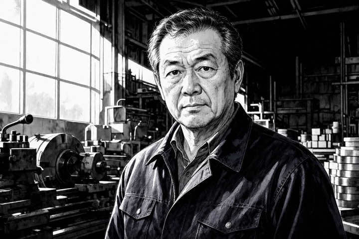 工場に立つ社長の白黒