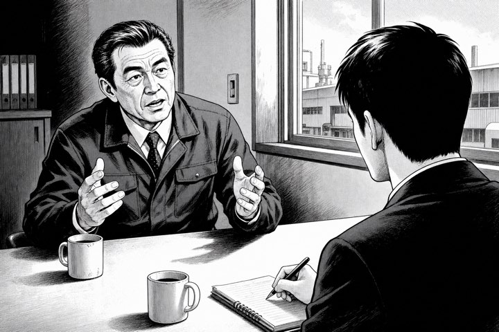 取材の場面の白黒。社長が身振りを交えて話している