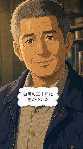 『白黒の三十年』33秒。同じ社長に色が入っている