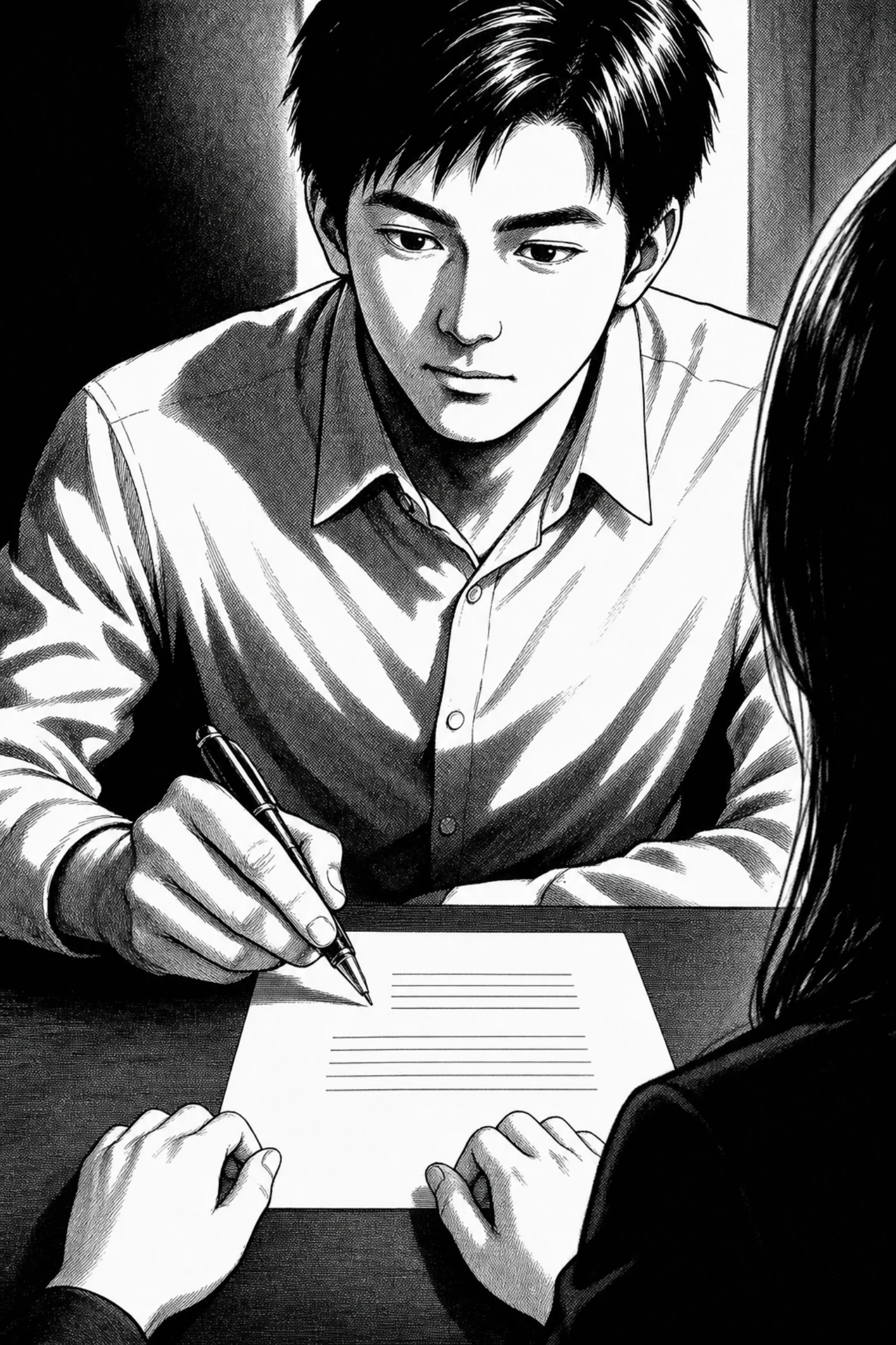 履歴書に赤ペンで＆を書く場面の白黒の下書き